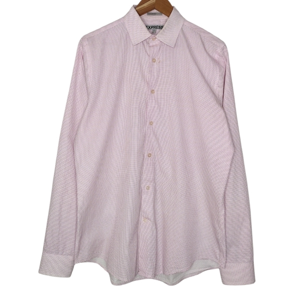 Express Fitted Dots Pink White Casual Button Down Shirt Sz M